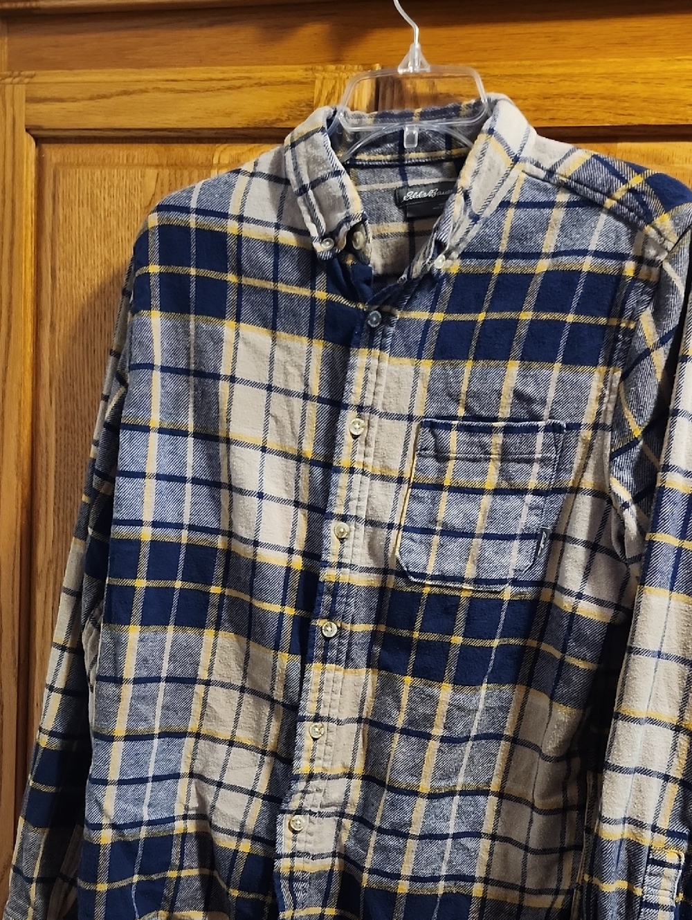Eddie Bauer Navy, Cream & Yellow Plaid Button-Down Shirt